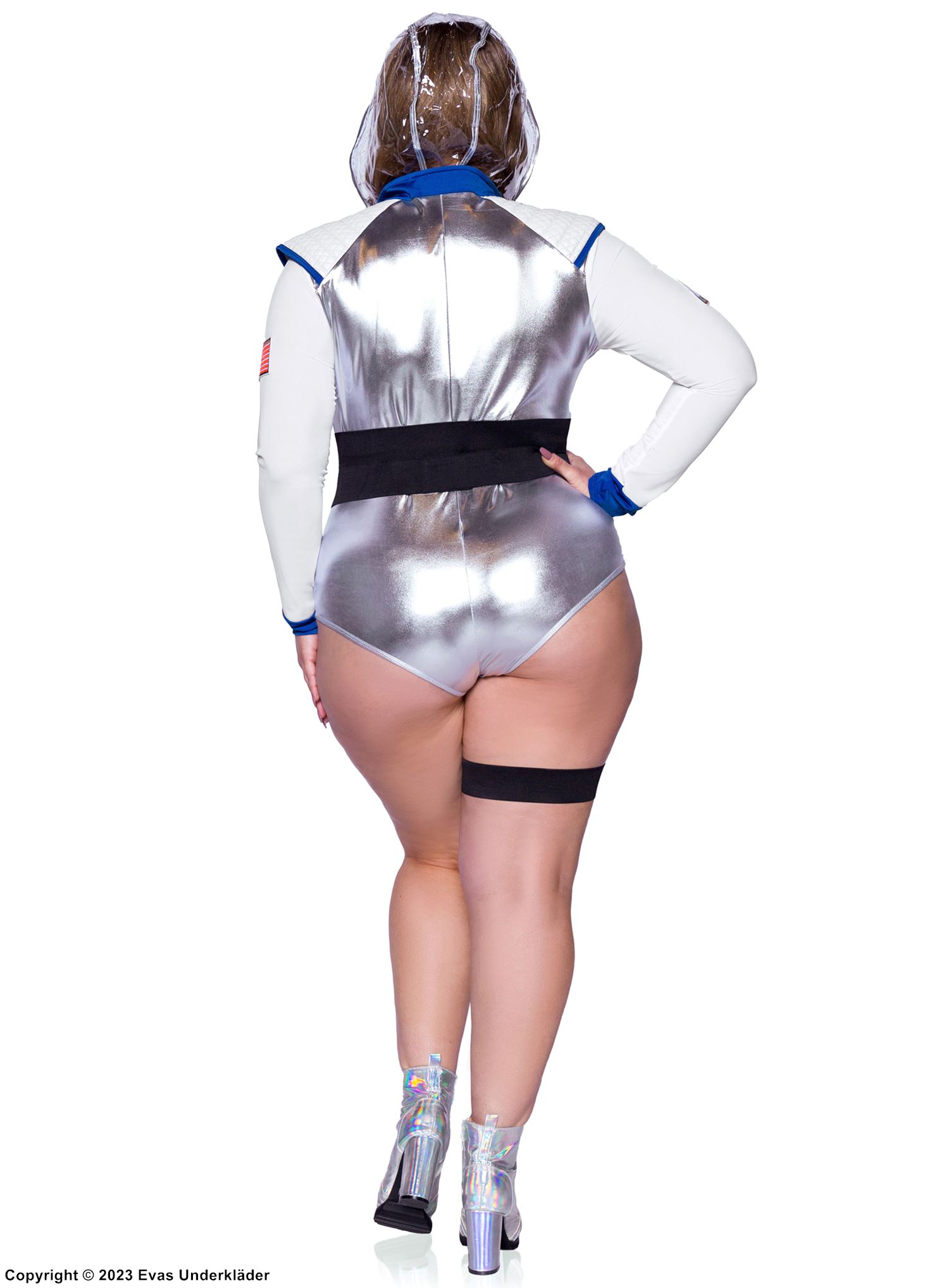 Weltraumfrau, Kostüm-Dessous-Body, lange Ärmel, Kapuze, Front-Reißverschluss, Plus Size